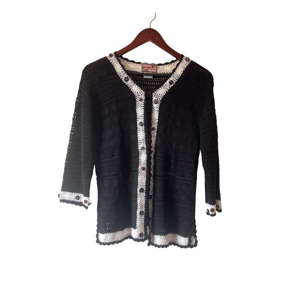 Vintage April Cornell Black Crochet Cardigan button Trim Button Front Small